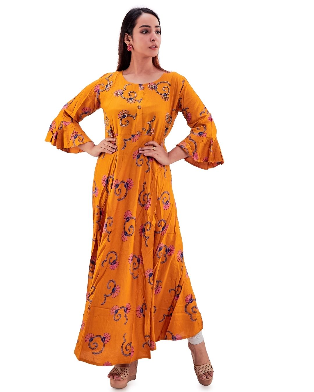 Embroidery Solid Double Layered Cotton Kurtis