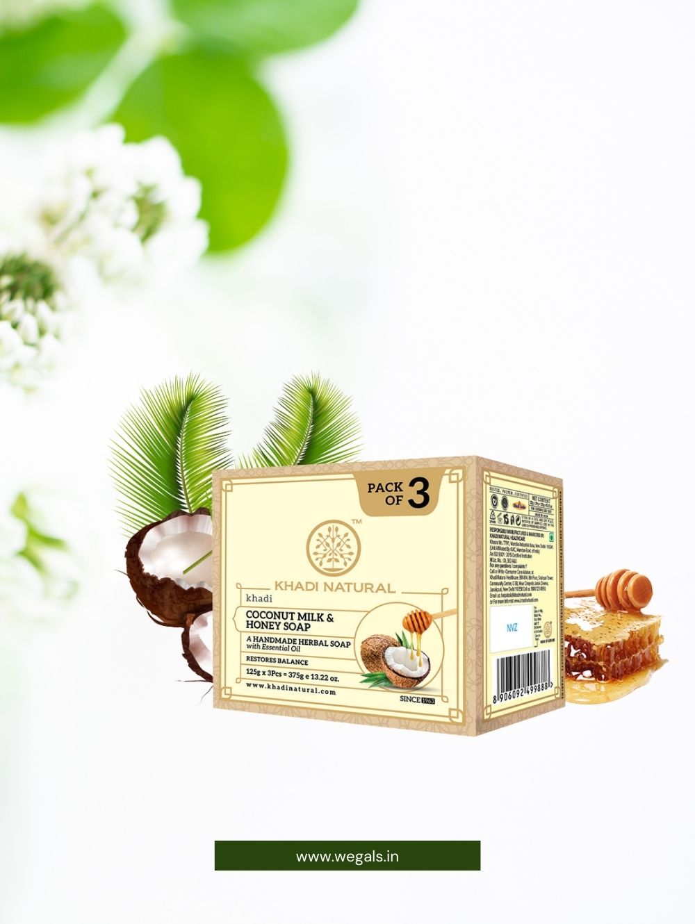 Ayurvedic Khadi Natural Herbal Coconut Milk & Honey Soap 125 g (Pack Of 3)
